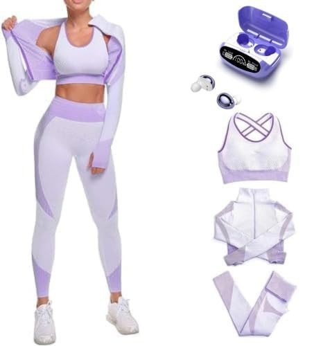 EROSEL 3 Piece Workout Sets for Women–Seamless Workout Sets with Jacket, Sports Bra & High-Waisted Leggings Women’s Gym Set (Purple + Headphones, Small) | Amazon (US)