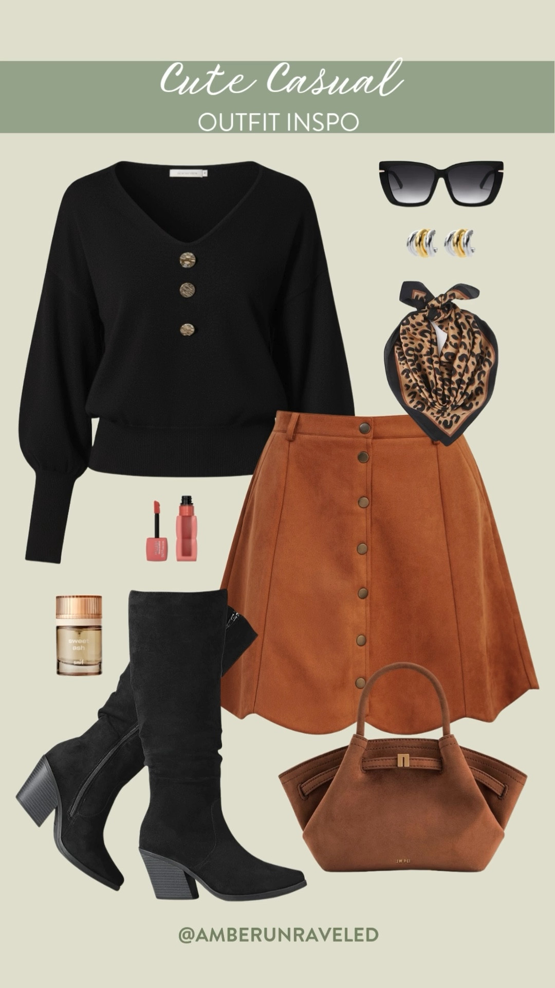 Put together the perfect cute casual look for the season! Style a cozy black v-neck sweater with a stylish brown suede button-front skirt and tall black boots! Love the leopard scarf, oversized sunglasses, and structured brown handbag for some finishing touches.

preppy look, fall wardrobe, autumn fashion, pumpkin patch inspo, fall accessories, suede looks, sweater weather, cozy vibes

#LTKSeasonal #LTKStyleTip #LTKU
