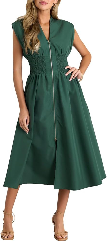 ROYLAMP Womens Summer Casual Dress Vintage Cocktail Wrap & Shape Dress V Neck Zipper Front Flowy ... | Amazon (US)