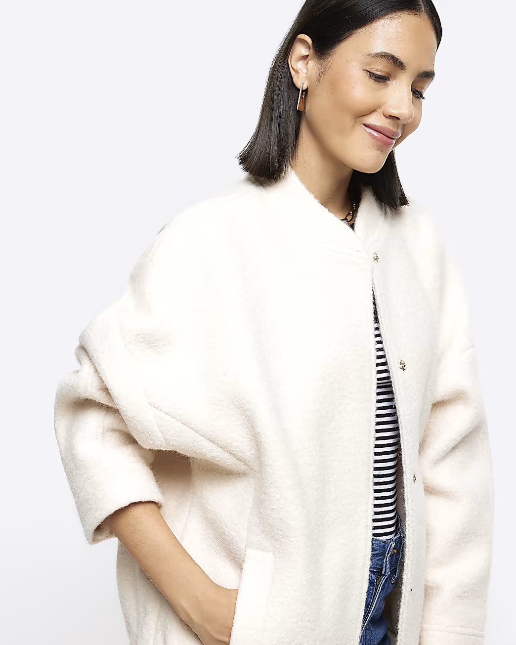 Cream faux wool bomber jacket | River Island (UK & IE)