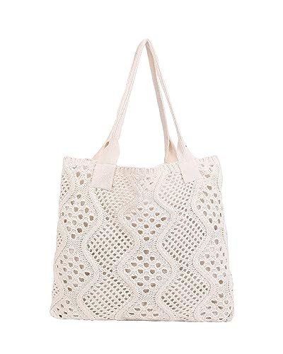 Stizimn Crochet Summer Beach Tote Shoulder Hobo Knit Hippie Bag - Large Capacity (Beige-A) | Amazon (US)