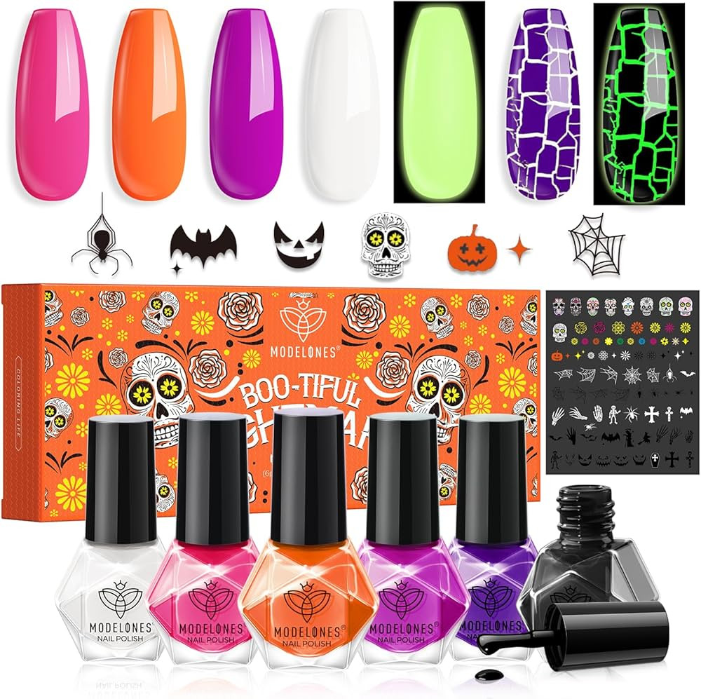 modelones Halloween Nail Polish Set 6 Colors, Boo-tiful Nightmare Collection with Stickers, Glow ... | Amazon (US)