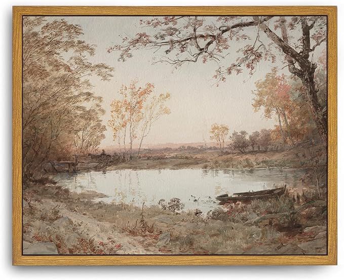 Roslynity Framed Canvas Wall Art Vintage Print Paintings Autumn Pond Landscape Nature Country Fal... | Amazon (US)