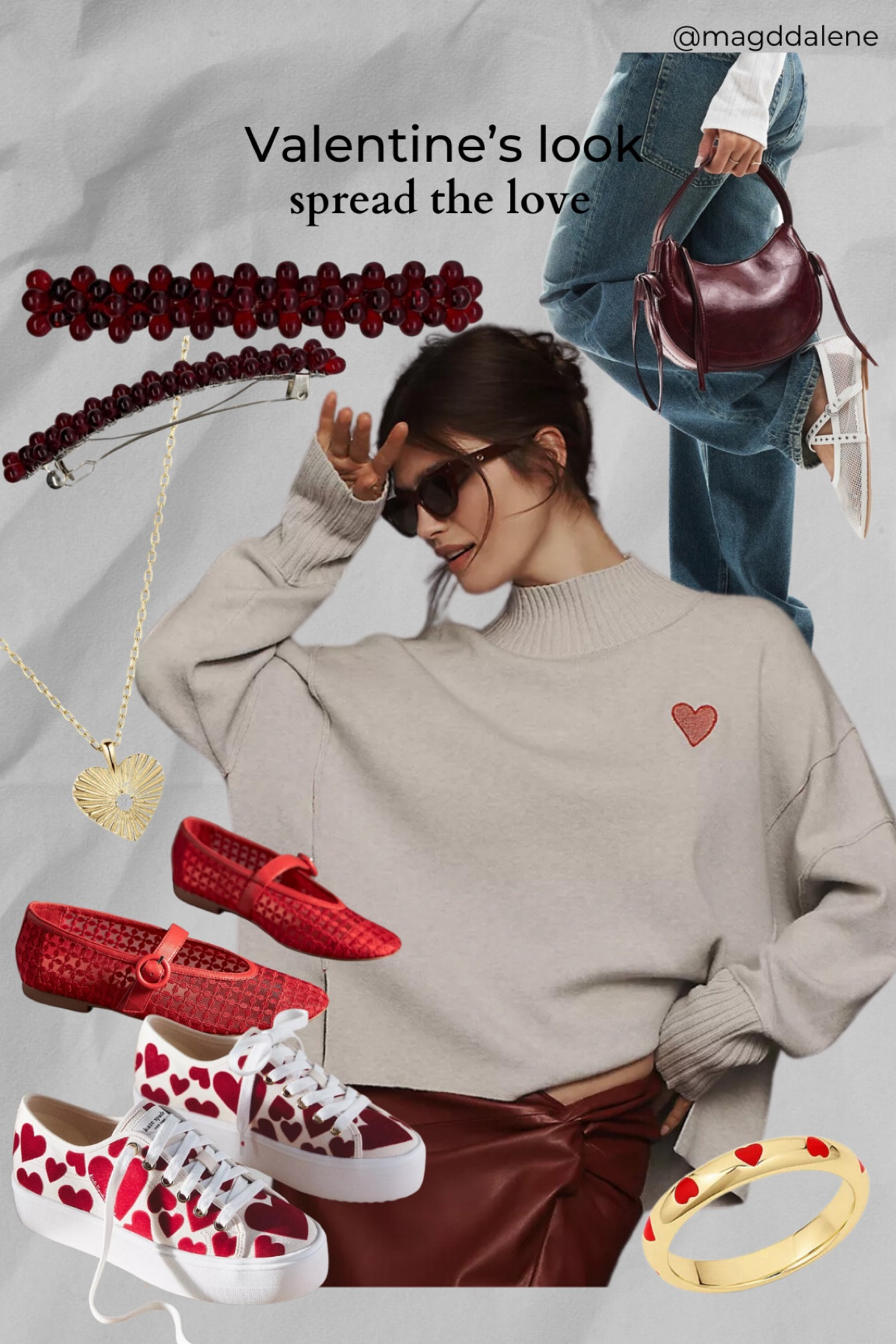 Casual valentines outfit. Heart sweater that also makes the perfect valentines gift. The red accessories (handbag, shoes and hair clip) would be the perfect addition to your capsule wardrobe. 

#LTKStyleTip #LTKSeasonal #LTKShoeCrush