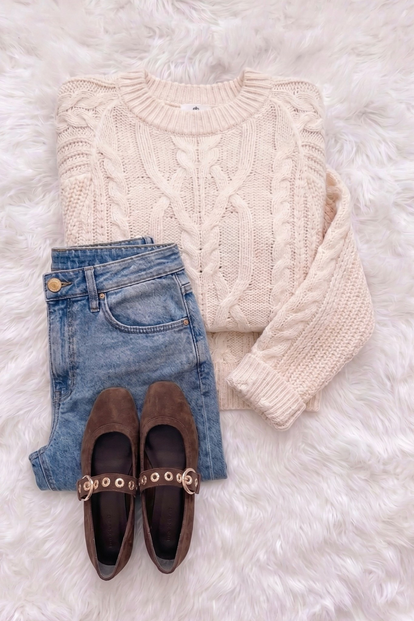 The easiest fall outfit to throw on and go. A cable knit sweater, great denim and some chocolate brown flats!

#LTKmomlife #LTKOver40 #LTKSeasonal