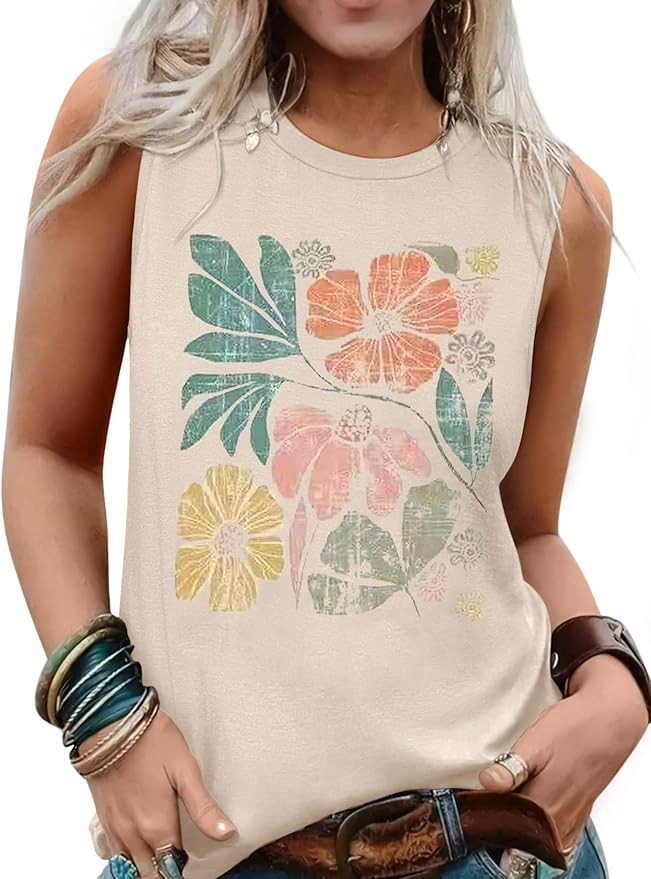 Summer Boho Tank Tops for Women Vintage Graphic Tees Sleeveless Shirts Casual Floral Vest O Neck ... | Amazon (US)