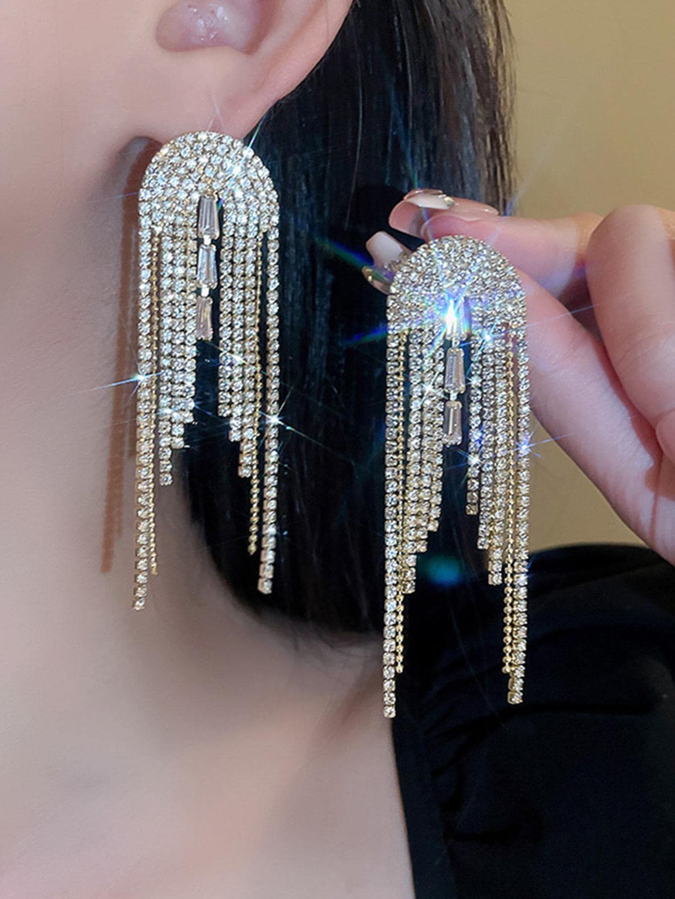 1pair Glamorous Zinc Alloy Rhinestone Tassel Drop Earrings For Women For Dating Gift | SHEIN