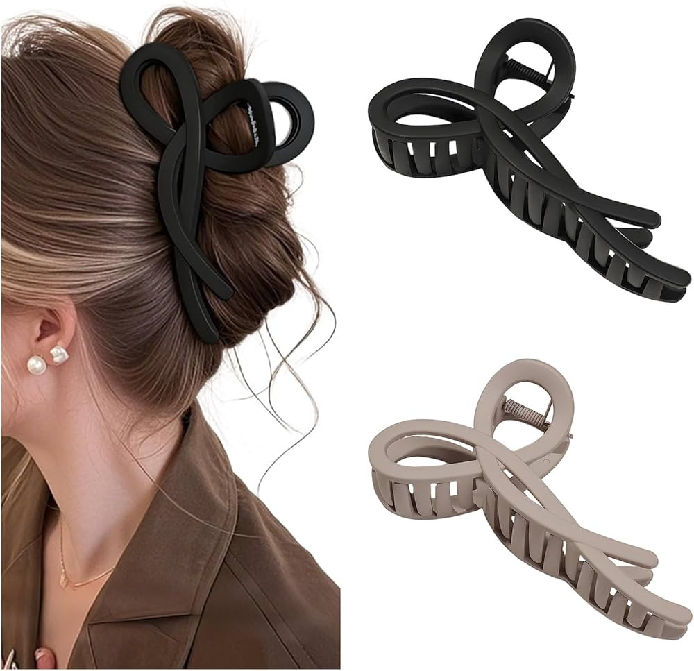 Bow-Ribbon-Shape Hair Claw Clips (2-Pack), Matte Large Hair Barrette for Thin Thick Hair, Elegant... | Amazon (US)
