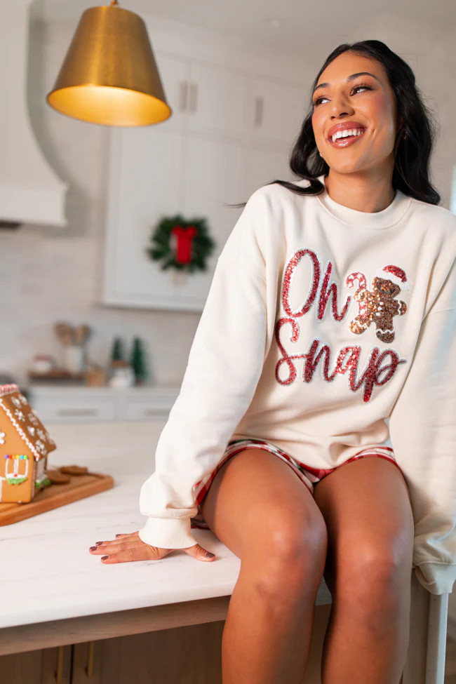 Oh Snap Chenille Patch Cream Oversized Graphic Sweatshirt | Pink Lily