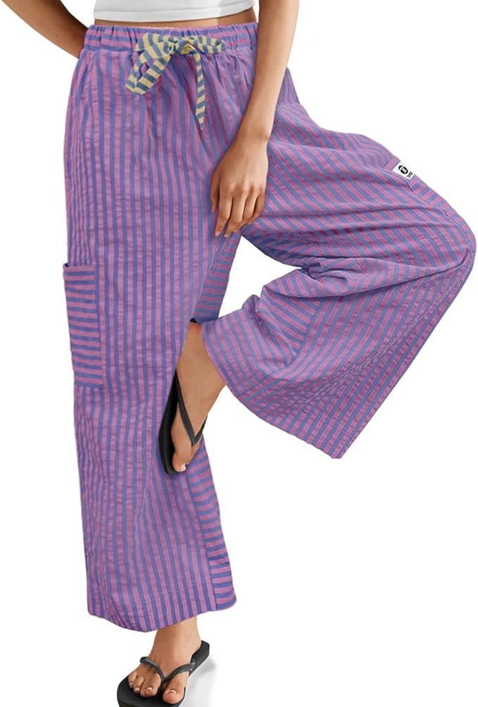 TARSE Women’s Striped Wide Leg Pants Drawstring Casual Boho Palazzo Pants Loose Lounge Beach Va... | Amazon (US)