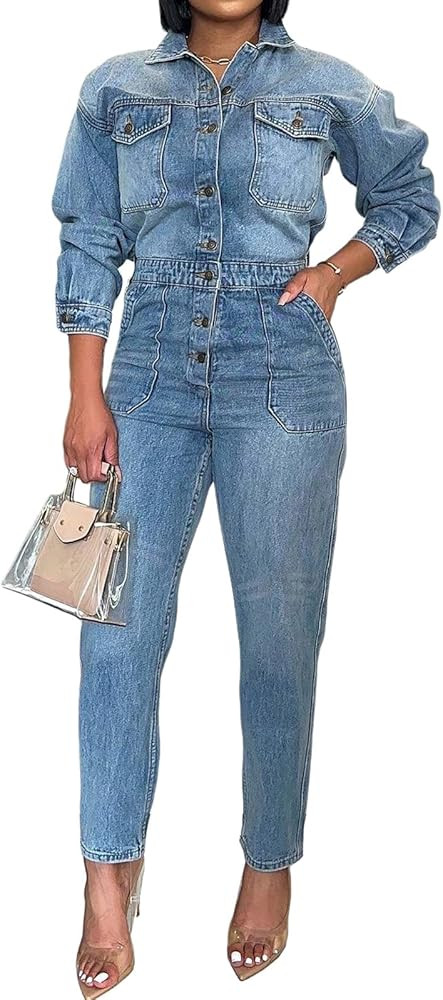 Denim Jumpsuit for Women Long Sleeve Button Down Jean Jumpsuit Stretch Slim Straight Leg Jeans Lo... | Amazon (US)