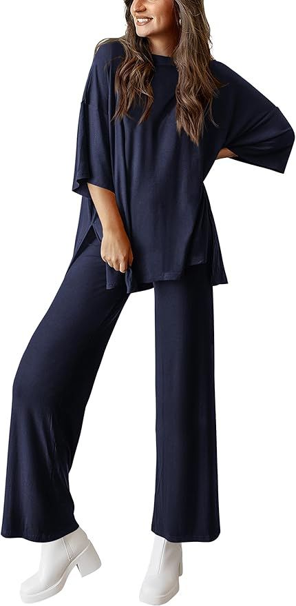 PRETTYGARDEN Womens Short Sleeve Pullover Tops And Wide Leg Pants Lounge Set | Amazon (US)