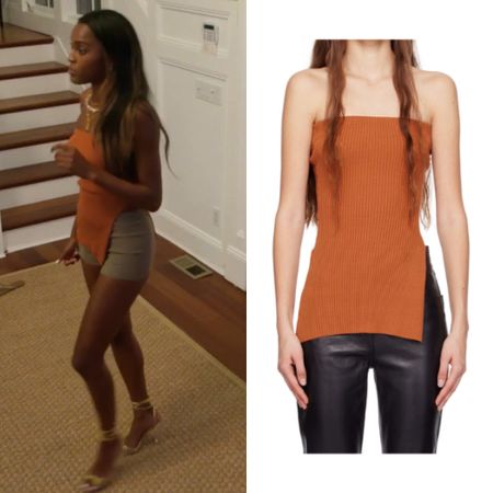 Ciara Miller’s Orange Strapless Knit Asymmetric Top 