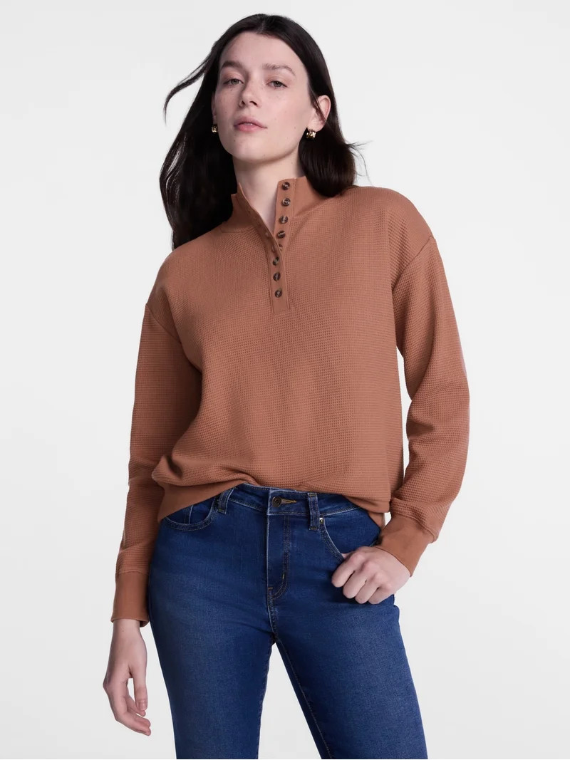 Scenario Women's and Women's Plus Waffle Knit Button Top with Long Sleeves, Sizes XS-4X | Walmart (US)