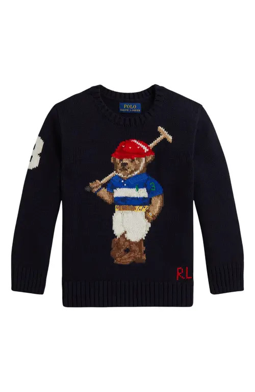 Polo Ralph Lauren Kids' Polo Bear Cotton Crewneck Sweater in Navy at Nordstrom, Size 7 | Nordstrom