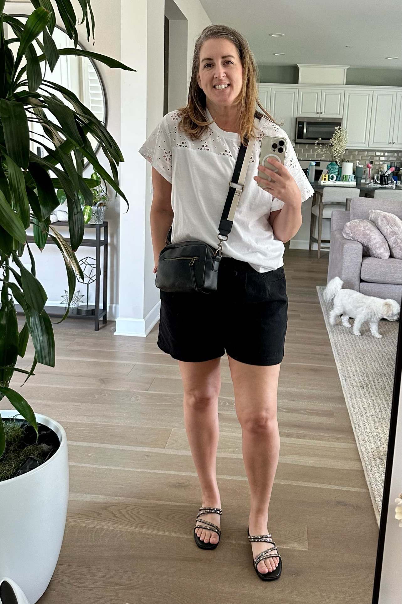 Walmart fit with Target sandals & cross body 📸 bag purse. Love the longer length of these shorts, and the small pleats in front which are very flattering if you have a lil mom pooch. 😉 Wearing a medium in both top & shorts  

#LTKFind #LTKfit #LTKshoecrush