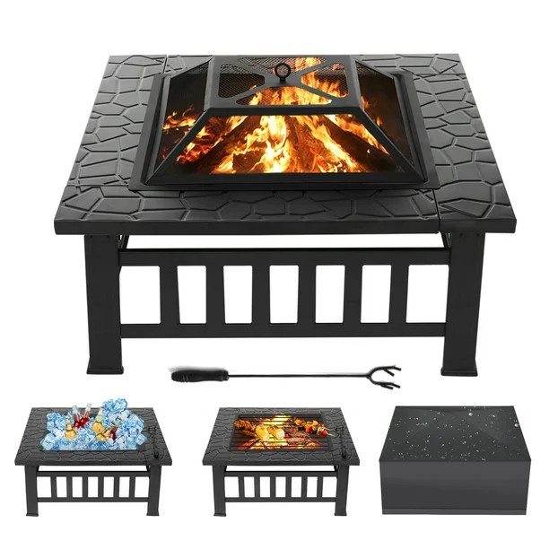 SinglyFire 32 inch Fire Pit Table for Outside Square Outdoor Fire Pit Wood Burning BBQ Tabletop F... | Walmart (US)