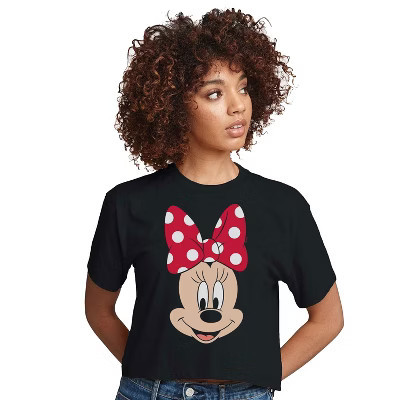Women's Disney Minnie Face Cropped Graphic T-Shirt - Black - Small | Target
