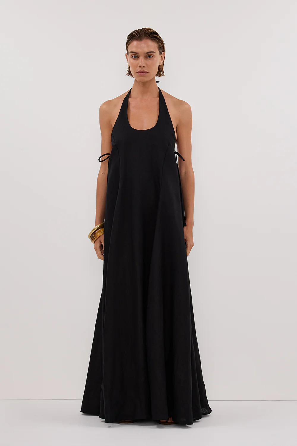 ABBY BLACK HALTER LINEN MAXI DRESS | DISSH