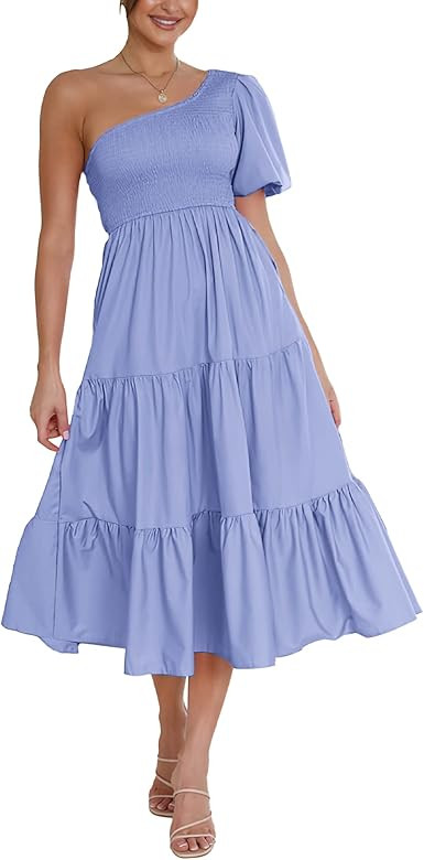 BTFBM Women Casual Summer Dresses 2023 One Shoulder Short Sleeve Midi Dress Boho Solid Color Smoc... | Amazon (US)