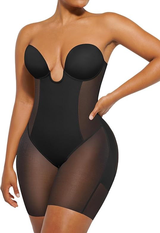 SHAPELLX Strapless Shapewear for Women Deep Plunge Corset Tummy Control Backless Bodysuit Mid Thi... | Amazon (US)