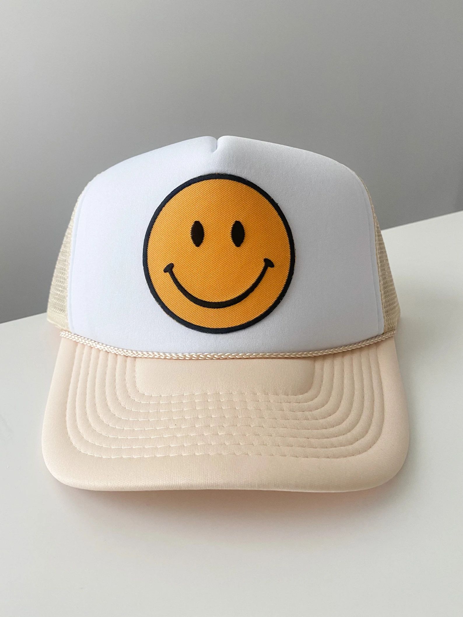 Beige & White Smiley Face Trucker Hat | Etsy | Etsy (US)
