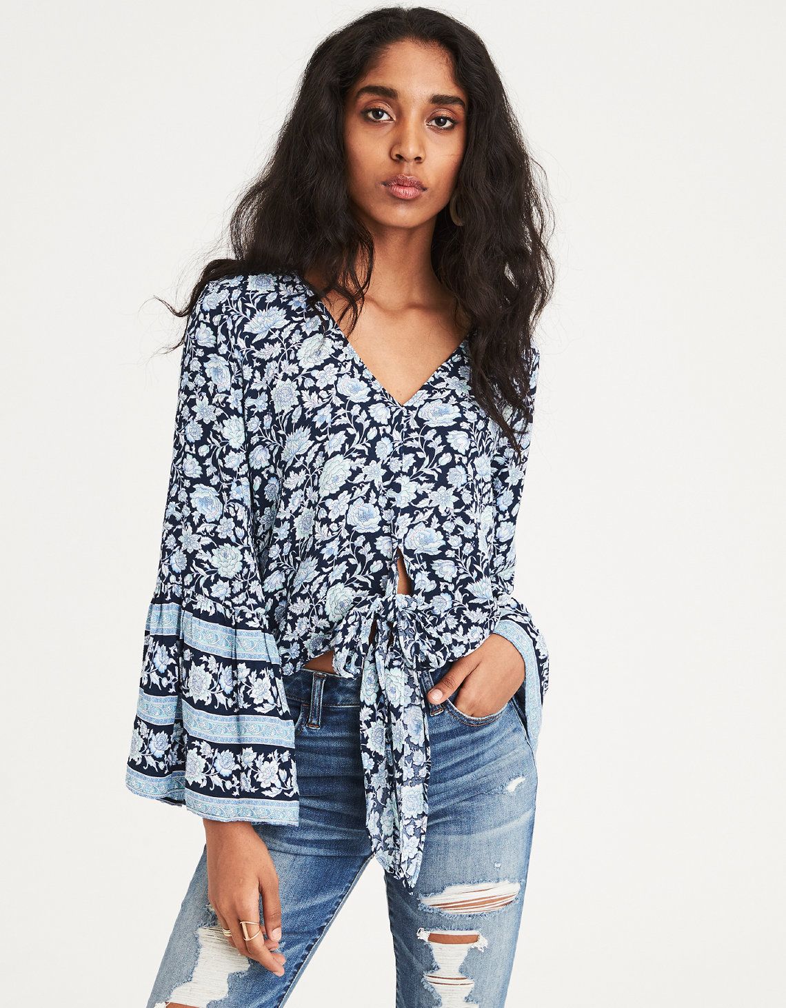 AE Long Sleeve Tie Front Top | American Eagle Outfitters (US & CA)
