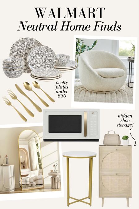 Neutral home finds from Walmart! 
Boucle chair, dinnerware, microwave, best $65 mirror, side table, shoe chest organizer. #walmarthome@walmart
#walmart #walmartpartner

#LTKhome #LTKfindsunder100 #LTKstyletip