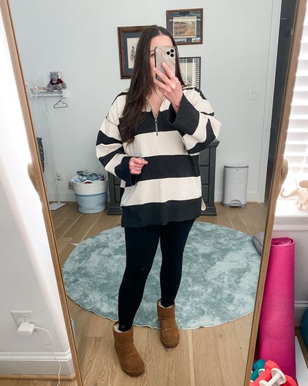 Winter outfit / oversized striped sweater / half zip pullover sweater / black leggings / brown boots

#LTKSeasonal #LTKfindsunder100 #LTKover40