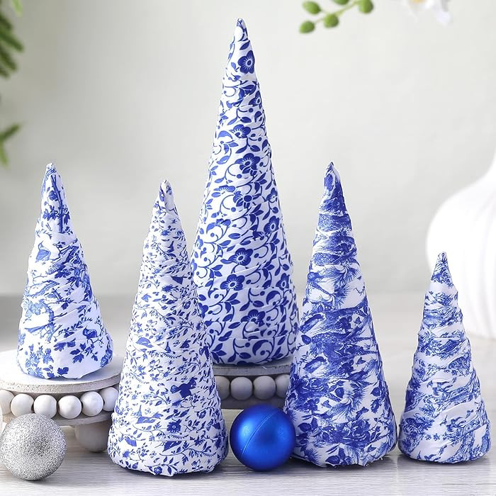 5 Pcs Chinoiserie Christmas Tree Mini Cone Table Decor Blue and White Porcelain Christmas Tree Ta... | Amazon (US)