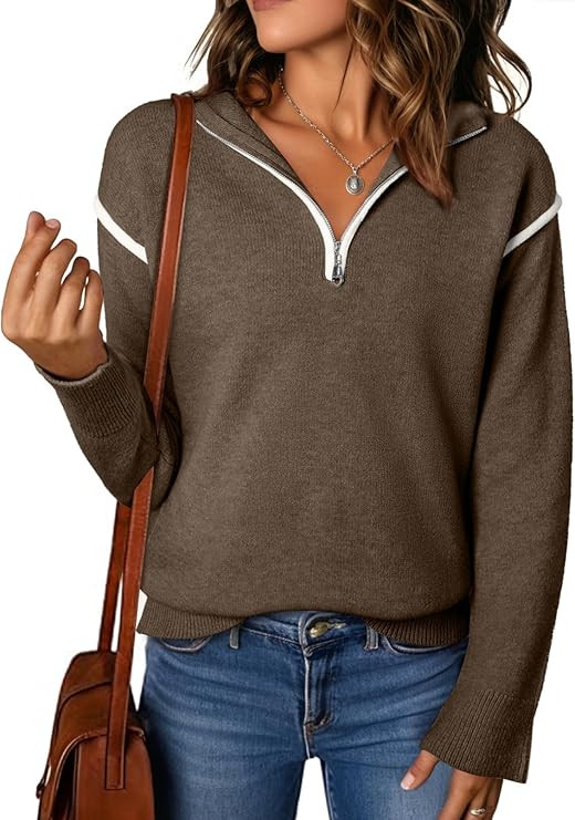 EVALESS Womens Sweaters V Neck Long Sleeve Quarter Zip Collared Ribbed Knit Dressy Casual Pullove... | Amazon (US)