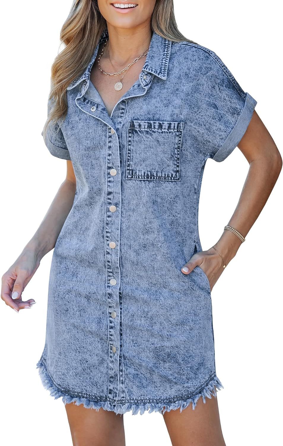 luvamia Denim Dress for Women Button Down Short Sleeves Casual Summer Jean Shirt Dresses with Poc... | Amazon (US)