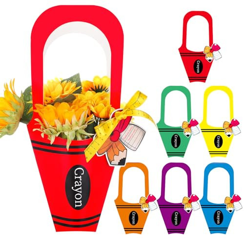 Gersoniel 24 Set Teacher Appreciation Gift Crayon Kraft Paper Flowers Bags Teachers' Day Gift Flower Bouquet Holder with Ruler Ribbon for Week Birthday Retirement Party Favors | Amazon (US)