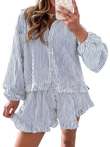 Fisoew Womens Stripe 2 Piece Lounge Sets Button Down Ruffle Shirts Shorts Sets Casual Oversized Pajama Sets Loungewear | Amazon (US)