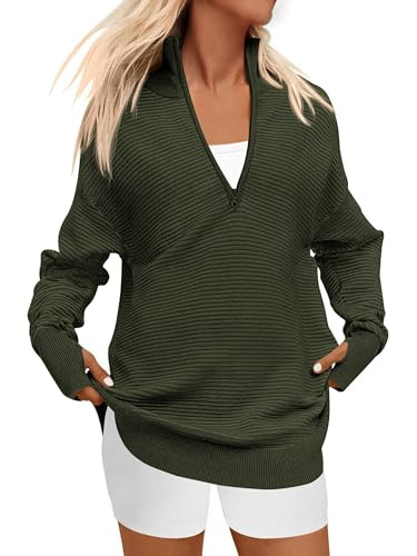 PRETTYGARDEN Womens Long Sleeve Quarter Zip Pullover Sweater Casual Loose V Neck Collared Ribbed ... | Amazon (US)