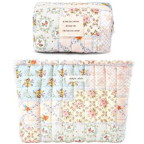 Sminra 2 Pieces Floral Makeup Bag, Cute Travel Quilted Pouch Cosmetic Bag Organizer, Small Cotton Coquette Aesthetic Purse Toiletry Bag for Women Girls accessories (Blue Flower-2PCS) | Amazon (US)