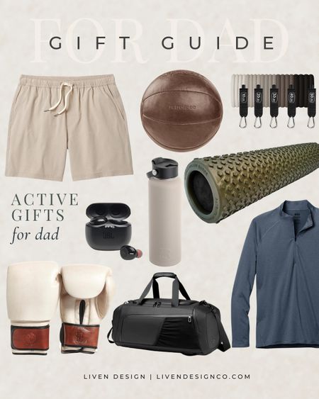 Father's Day gift guide. Gift for him. Dad gifts. Gift ideas for dad. Active Gift. Fitness gift. Men's shorts. Men's active clothes. Boxing gloves. Earbuds. Resistance bands. Water bottle. Exercise. Workout. Massage body roller. Under $50. 

#LTKGiftGuide #LTKFindsUnder100 #LTKMens