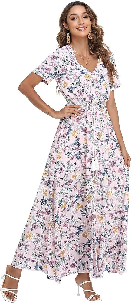 VintageClothing Women's Floral Print Maxi Dresses Boho Button Up Split Beach Party Dress | Amazon (US)