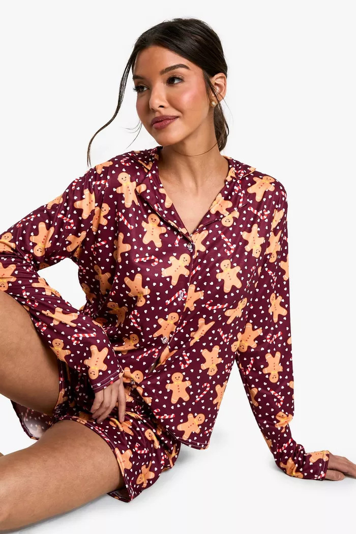 Christmas Gingerbread Print long Sleeve Short PJ Set | boohoo (US & Canada)