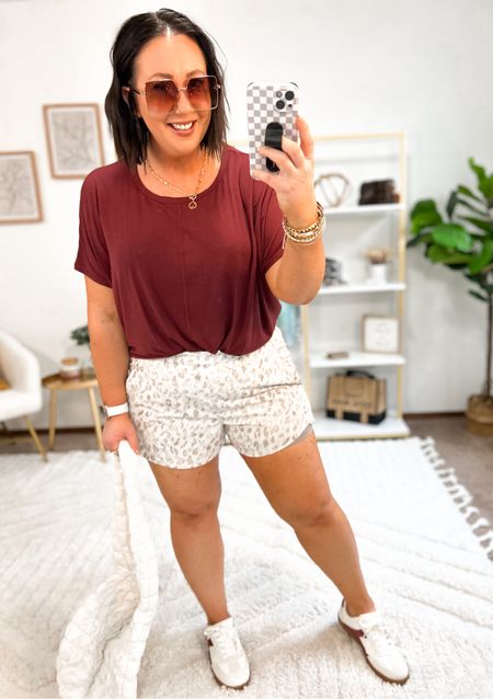 New running shorts at Walmart with 5’’ inseam biker shorts!  Several colors and patterns to choose from!  Love this animal print so much. XL in mine. XL workout tee. Love this color burgundy. Sneakers run tts  

#LTKmidsize #LTKfitness #LTKfindsunder50