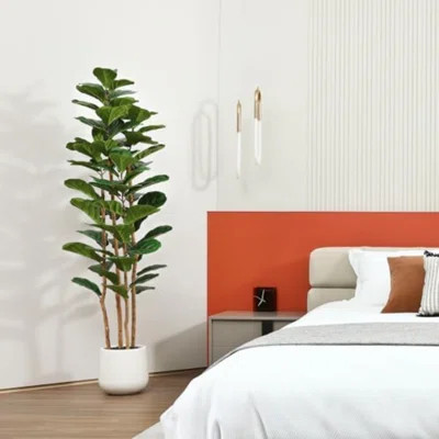 Artificial Fiddle Leaf Fig Tree With White Planter, Tall Fake Tree With Natural Wood Trunk For Home Decor, Faux Ficus Tree Fake Moss For Indoor Office | Wayfair North America