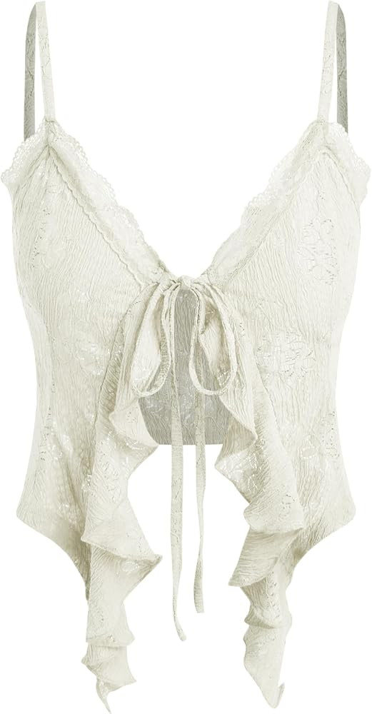 CIDER Lace Ruffle Hem Knotted Knit Crop Top | Amazon (US)