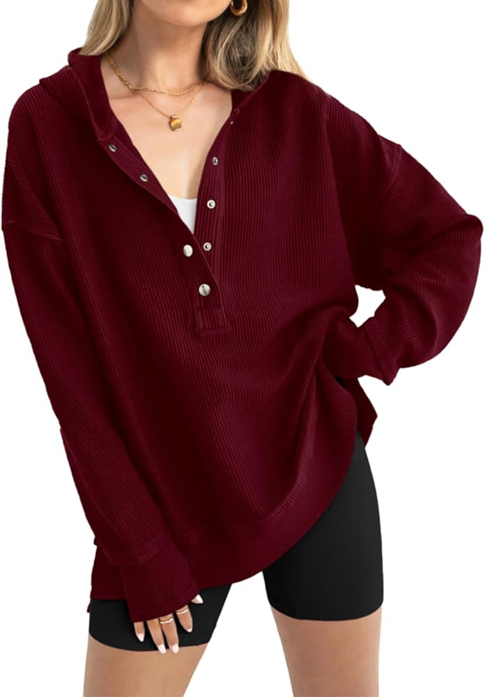 PRETTYGARDEN Womens Fashion 2024 Long Sleeve Hoodie Oversized Button Up V Neck Sweatshirt Side Sl... | Amazon (US)