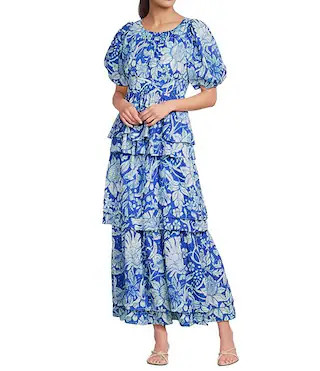 Ro's Garden Chicago Floral Printed Round Neck Short Puff Sleeve Tiered Maxi Dress | Dillard's | Dillard's