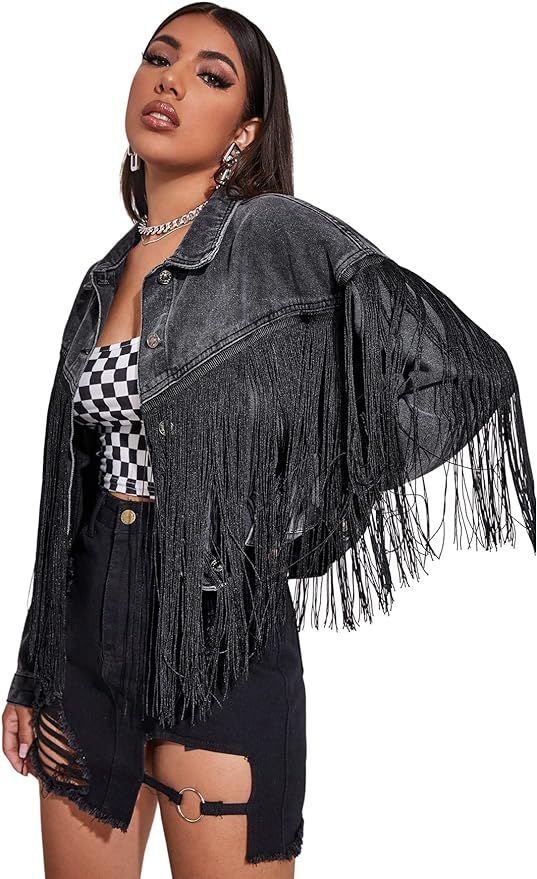 Verdusa Women's Button Front Fringe Trim Long Sleeve Drop Shoulder Denim Jacket | Amazon (US)