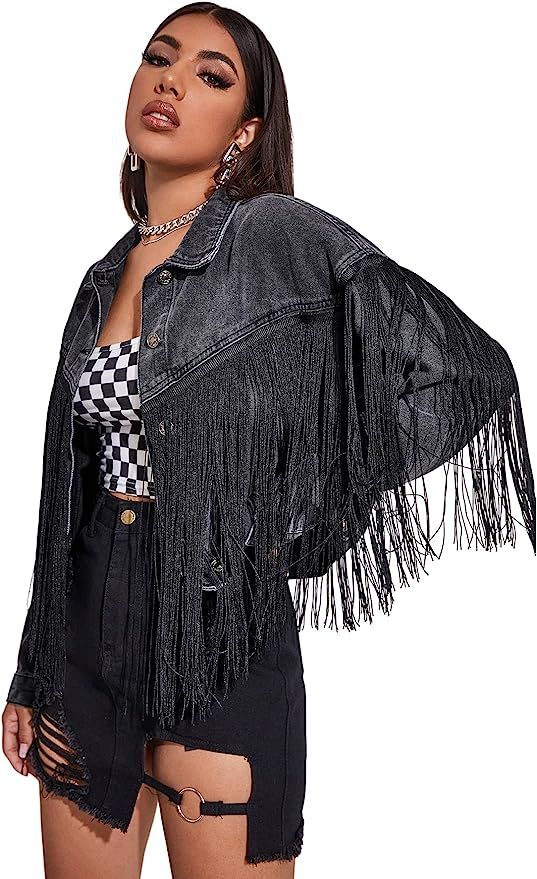 Verdusa Women's Button Front Fringe Trim Long Sleeve Drop Shoulder Denim Jacket | Amazon (US)