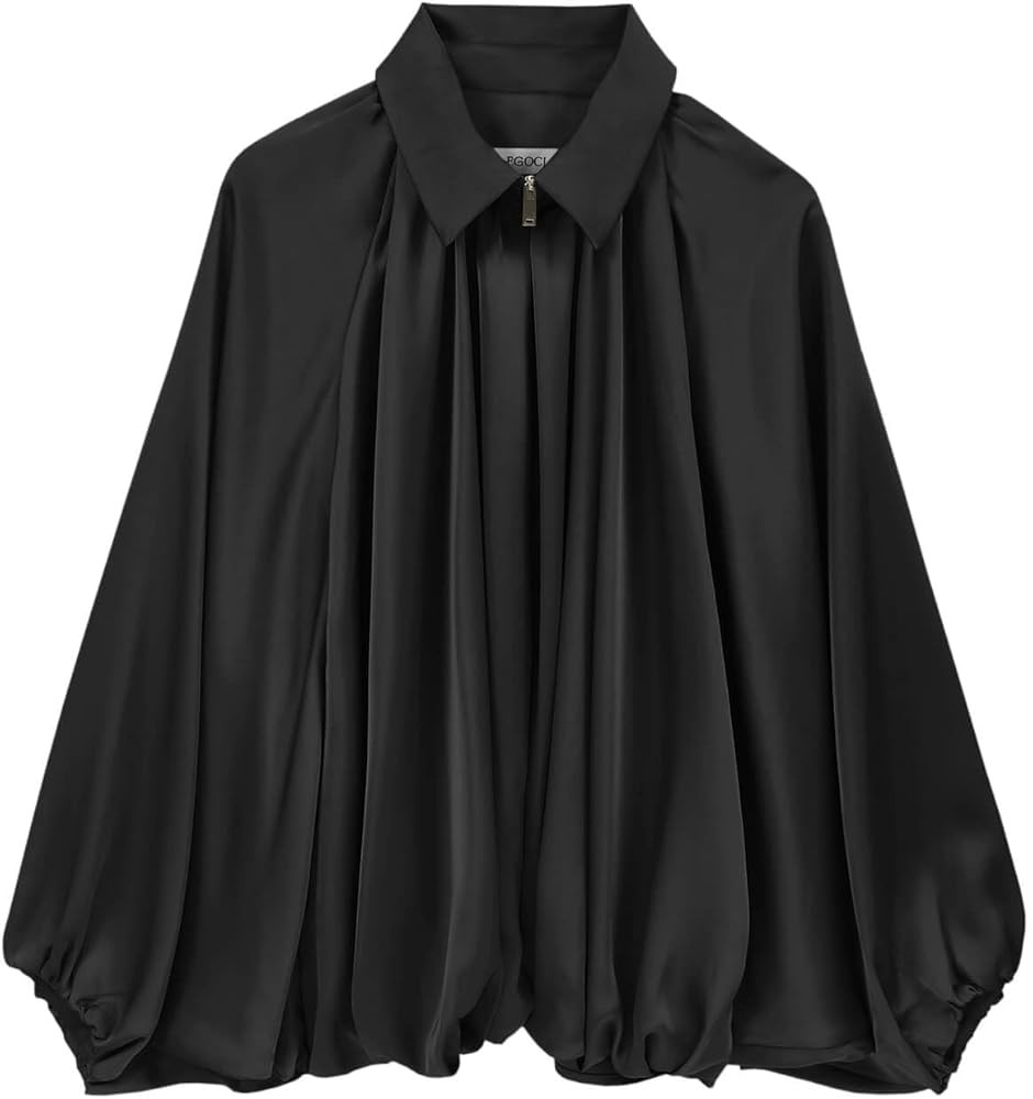 Womens Satin Puffed Bomber Jacket Oversized Batwing Sleeve Lapel Collar Pleated Zip Up Outerwear ... | Amazon (US)