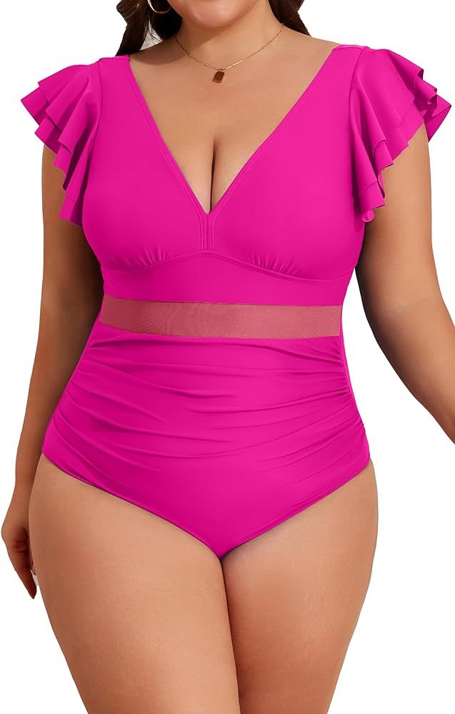 B2prity Women Plus Size Modest One Piece Swimsuit Tummy Control Ruffle Bathing Suit V Neck Mesh S... | Amazon (US)