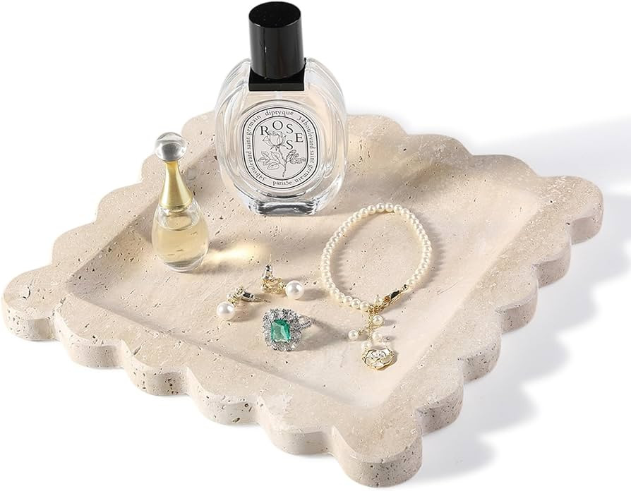 Travertine Decorative Tray, 7.8in Marble Scallop Edge Tray, Square Bathroom Trays for Jewelry Per... | Amazon (US)