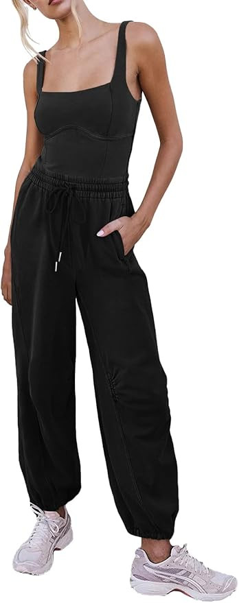 Women's Sleeveless Summer Jumpsuit Square Neck Drawstring Waist Long Romper Jumpers 2025 with Poc... | Amazon (US)